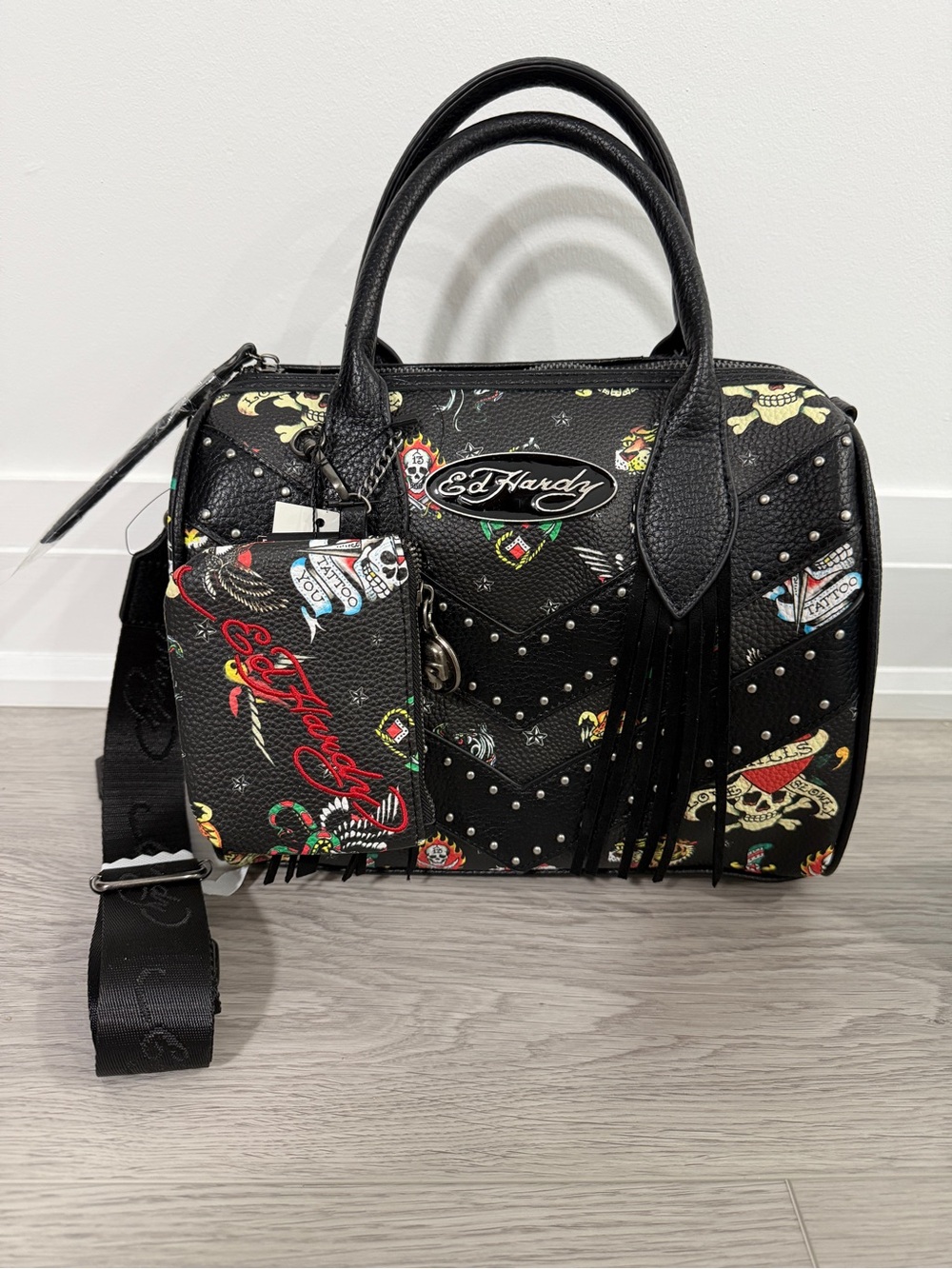 Ed Hardy Black Tattoo-Print Studded Medium Satchel with Fringe